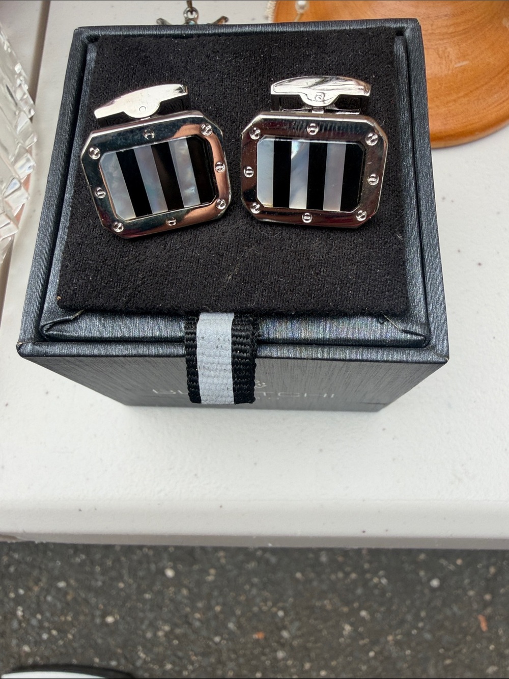 Bugatchi Silver-Tone Cufflinks with Black and Gray Stripes